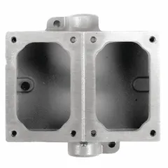 Aluminum rectangular electrical box for hazardous locations, accommodating 2 gangs. Features a 1/2-inch feed-through hub for conduit entry. Suitable for mounting wiring devices in environments where flammable gases, vapors, or dust may be present.