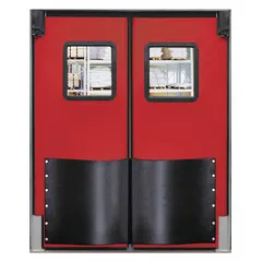 This insulated swinging door pair is constructed with polyethylene and finished in red. Each of the two doors measures 5 ft wide by 8 ft high, and the set includes a polycarbonate window, door seals, bumpers, and mounting hardware. It meets USDA standards, making it suitable for temperature-controlled environments such as cold storage and food processing facilities.
