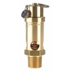 Soft seat pneumatic safety valve with 1/2 in (M)NPT inlet and preset relief at 50 psi. Brass body with silicone seat. Used to protect compressed air systems from overpressure, commonly installed on air receivers, compressors, and pneumatic piping.