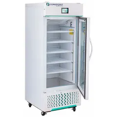 COREPOINT SCIENTIFIC Medical and Lab Refrigerator: 12 cu ft, Upright, 1°C to 10°C, 25 in Overall Wd (MPN NSWDR121WWG/0). Key specifications — Door Opening Style: Right; Color: White; Alarm Type: Temperature; Manufacturer Part Number: NSWDR121WWG/0; Brand: COREPOINT SCIENTIFIC; Product Type: Medical and Lab Refrigerator; Door Type: Swing Glass; Refrigerant Type: R-290.