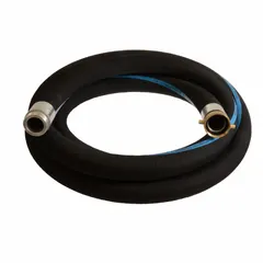 This EPDM water suction and discharge hose assembly features a black EPDM cover with spiral-plied synthetic fabric and wire helix reinforcement. It has a 6-inch inside diameter, 150 psi pressure rating, and temperature range of -25° to 200°F. Fittings are 6 in x 6 in. Suitable for water transfer in industrial, agricultural, and construction applications.