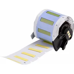 Precut sleeve label roll made of polyolefin in yellow matte finish. Each label measures 1 in x 1/4 in and is designed for wire gauges 16 AWG to 22 AWG. Compatible with BMP61 printer series. Used for wire identification and marking in industrial control panels, electrical equipment, and cable management systems.