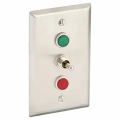 This panel-mount toggle switch features a single-pole double-throw (SPDT) configuration with three positions: On/Off/On. It has three connections with 6-inch wire leads and an AC contact rating of 0.9 A at 120 V. Typical applications include industrial control panels for mode selection or machine control functions requiring three-position switching.