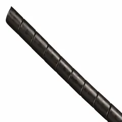 Black polyethylene spiral wrap, 66 ft length, 1 11/16 in diameter. Used for bundling and protecting hydraulic hoses and cables in industrial environments where fire resistance and static dissipation are required.