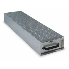 This aluminum bed-mount storage drawer is designed for securing tools and equipment in truck beds or van interiors. It features a single slide-out drawer with dimensions of 50 inches depth, 12 inches width, and 6 inches height, finished in silver. Suitable for organized storage of heavy-duty items in fleet and vehicle maintenance applications.