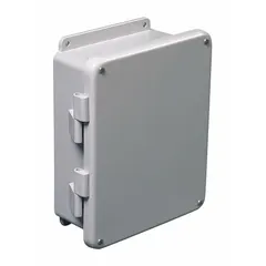 Fiberglass submersible enclosure rated NEMA 12/4X/6P for dust, water, and corrosion resistance. Measures 7 in x 5 in x 4 in with a solid cover secured by screws. Suitable for protecting electrical controls, terminals, and instruments in indoor or outdoor environments requiring submersible protection. Knockouts are not included.