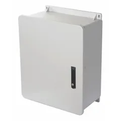 This WIEGMANN fiberglass enclosure measures 20 x 20 x 10 inches and features a hinged solid cover. It is rated NEMA 1, 12, 3R, 4X, and 6P, making it suitable for indoor, outdoor, washdown, and submersible applications. Knockouts are not included. Typical uses include protecting electrical controls, terminals, and instruments in environments requiring corrosion resistance and watertight sealing.
