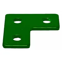 Steel corner plate for strut channel systems, powder coated green. Used to join and reinforce strut channel sections at 90-degree angles in industrial framing, pipe support, and cable tray applications