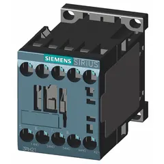 This Siemens control relay features 4 normally open contacts rated at 10 A with a 24 V AC coil. It is designed for DIN-rail or surface mounting, suitable for use in automation panels, conveyor systems, and machine control circuits for switching industrial loads such as motors, valves, and lighting.