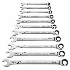 This 11-piece set includes SAE 12-point ratcheting combination wrenches ranging from 1/4 in to 3/4 in. Made of alloy steel with a chrome finish, the wrenches feature a ratcheting box end for faster fastening in confined spaces. The set comes with a storage rack for organization.