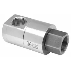 Single-passage rotating joint in nickel-plated C38500 brass for transferring compressed air from a stationary supply to rotating equipment. Features a 1/2 in stationary port and a maximum speed of 30 RPM. Commonly used in industrial spindles, indexing tables, and packaging machinery.