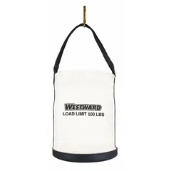 This canvas bucket bag features an open top for easy access and a single handle with snap hook for hanging. The heavy plastic bottom with feet provides protection from moisture and wear. Suitable for carrying tools and equipment on job sites.