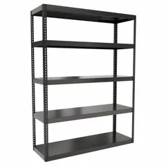 This extra-heavy-duty boltless shelving unit features a black powder-coated steel frame with solid steel decking and an open side panel. It has an angle beam profile and a maximum post load capacity of 6,000 lb with beams evenly spaced at 21 in. Suitable for industrial storage of heavy parts, pallets, and equipment in warehouses and distribution centers.