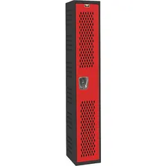 Steel wardrobe locker with ventilated door and padlock hasp. Red/black finish. Assembled, 1 tier, 1 unit wide. Includes number plate. Suitable for personal storage in industrial, educational, and recreational settings where airflow is beneficial.