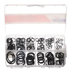 This 218-piece external retaining ring assortment includes inch-sized rings made of steel with a black phosphate finish. The set covers 12 different sizes, suitable for securing components on shafts in various mechanical assemblies.