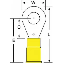 Vinyl-insulated ring terminal rated for 1000 V, with a 1/4 in stud size and accepting 12 AWG to 10 AWG wire. Used for secure electrical connections in control panels, machinery, and power distribution applications.