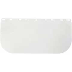 This replacement visor is made of clear, uncoated polycarbonate and measures 8 inches in height. It is reusable and designed for general-purpose face protection in industrial settings, such as machining, assembly, and chemical handling, where splash and impact protection is needed.