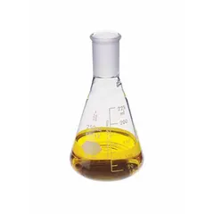 This 250 mL colorless conical Erlenmeyer flask is made from USP Type I borosilicate glass. It features a 24/40 ground glass joint for use with compatible stoppers. Commonly used for mixing, heating, and storing liquids in laboratory procedures such as titration and culturing.