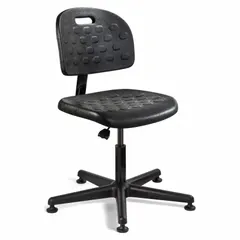 This BEVCO armless office chair is constructed with black plastic material. It features a 12-inch back height and an 18-inch seat width, suitable for general office seating applications where a compact, armless design is required.