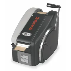 Manual kraft tape dispenser for tape up to 3 in wide, accommodating rolls up to 9 in diameter. Cuts lengths from 4 in to 36 in. Includes a safety mechanism for operator protection. Used in packaging and shipping operations for applying kraft tape to cartons.