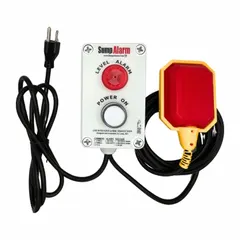 This liquid-level alarm monitors high water conditions in sump pits, basements, or tanks. It operates on 120V AC with auto/manual control, features a 90 dB audio/visual alert, and includes a tether float switch for activation. Designed for one alarm input, it has no battery backup.