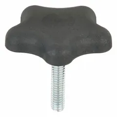 This 5-arm knob features a plastic body with a steel threaded stud for manual clamping, positioning, and adjustment on machinery and fixtures. Thread size is 5/16"-18 with a 1.5 in thread length. Suitable for industrial assembly and maintenance applications where a comfortable grip and secure fastening are required.