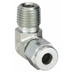 This double-ferrule steel compression fitting elbow connects 1/4 in OD tubing to a 1/4 in male NPT port at a 90-degree angle. It features a 7/16-20 thread size and is compatible with Parker A-LOK fittings. Used in hydraulic, pneumatic, and instrumentation systems for leak-tight, vibration-resistant connections.
