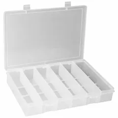 Clear plastic small parts compartmented box with fixed dividers and snap closure. Six compartments each measure 1-11/16 in wide by 6-1/8 in deep. Not electrostatic discharge conductive. Suitable for organizing and storing small components in workshops, assembly lines, and maintenance areas.