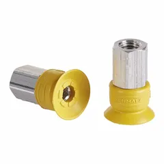 Flat type vacuum pad assembly with NBR-ESD material, 55 A hardness, and yellow color. Pad diameter 13.2 mm, height 18.6 mm. Suitable for handling sensitive components in ESD-protected environments such as electronics assembly and cleanroom automation.