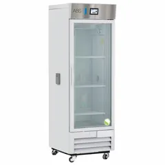 Upright chromatography refrigerator with a 16 cu ft capacity, white finish, and swing glass door opening to the right. Maintains a temperature range of 1°C to 10°C using R-290 refrigerant. Includes a temperature alarm for monitoring. Suitable for storing temperature-sensitive biological samples, reagents, and chromatography media in laboratory settings.