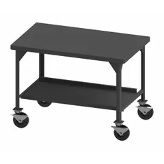 Fully assembled steel-top mobile worktable with a 60 x 36 inch powder-coated top and welded frame. Features four swivel locking casters with phenolic wheels for mobility and includes two drawer mounting brackets. Fixed height design with a 5,600 lb overall load capacity, suited for heavy-duty industrial assembly, maintenance, and material handling tasks.