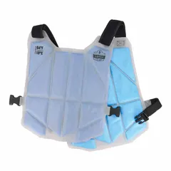 Insert-cooled vest with phase-change material that maintains a constant 64°F core temperature for up to 2 hours. Blue nylon construction adjusts up to 4XL with hook-and-loop and buckle closures. Quick recharge capability. Suitable for use in hot industrial environments such as foundries, boiler rooms, and outdoor construction sites.
