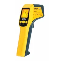 Full-size handheld infrared thermometer with contact probe for non-contact and contact temperature measurement. Measures from -76°F to 1202°F with 0.1°F resolution and ±2.0% of reading or 4.0°F accuracy. Features selectable emissivity (0.30 to 0.95), difference testing function, sound alert, wireless interface, and backlit LCD display. Suitable for HVAC, electrical, and industrial maintenance applications