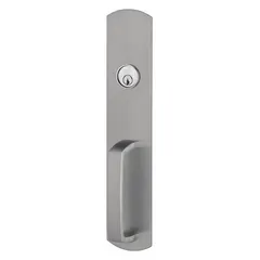 Mechanical exit device trim in chrome finish. Night latch outside trim for exit push bars, allowing free egress from inside while securing the door from outside. Fits doors up to 36 inches wide. Not ADA compliant.