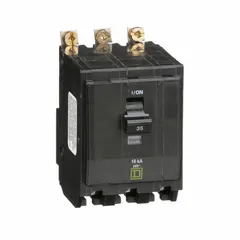 Three-phase miniature circuit breaker rated 35 A at 120/240V AC with a maximum interrupting rating of 10 kA. Features three poles and bolt-on mounting for use in NQOD panelboards. Provides overcurrent protection in branch circuits of commercial and industrial electrical distribution systems.