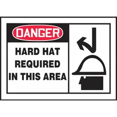 Vinyl adhesive signs for marking areas where hard hat use is mandatory. Each sign measures 3 1/2 in x 5 in with a thickness of 0.02 in. The adhesive backing allows quick mounting on walls, doors, or equipment. Suitable for industrial environments requiring head protection.