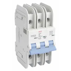 This 3-pole miniature circuit breaker features a B-curve trip characteristic for overcurrent protection in branch circuits. Rated 6 A with a maximum interrupting rating of 10 kA at 480 V AC, it is UL489 listed for DIN rail mounting. Lug terminal connections are provided. Suitable for resistive and lighting loads with low inrush currents in industrial and commercial electrical panels.