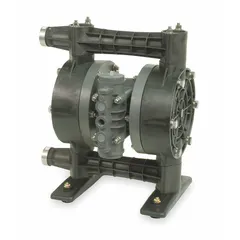This air-operated double-diaphragm pump features a PVDF housing and seats, with EPDM check valves. It has a 1-inch NPT connection, delivers up to 49 gpm, and achieves a maximum head of 231 ft. Typical applications include transfer of corrosive fluids in industrial processing and water treatment.
