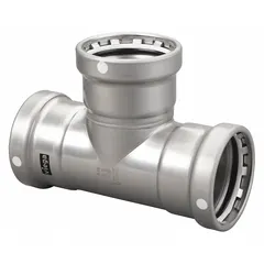 This steel press tee fitting is used in industrial piping systems to create branch connections. It features FKM sealing and is designed for press-connect installation. Size: 3 in pipe x 3 in pipe x 3 in pipe.