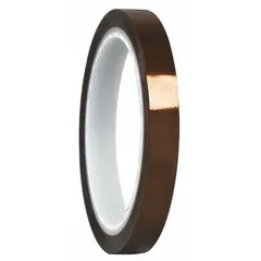 Polyimide film tape with silicone adhesive, gold in color. Designed for high-temperature electrical insulation applications such as coil winding, transformer insulation, and capacitor wrapping. Measures 1/2 inch wide, 36 yards long, and 2.7 mils thick.