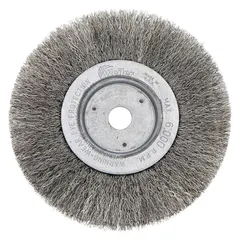 Crimped stainless steel wire brush for light cleaning of stainless steel surfaces. Removes rust, scale, and weld discoloration without cross-contamination. 6-inch diameter, 3/4-inch face width, with 5/8-inch to 1/2-inch arbor. Suitable for maintenance and fabrication tasks.