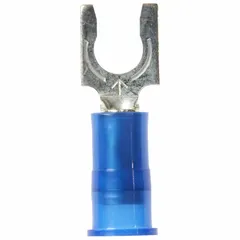 Nylon-insulated fork terminal for #10 studs, accepting 16 AWG to 14 AWG wire with a 600 V rating. Features an Insulation Grip barrel style for secure crimping. Used in electrical connections requiring a removable termination, such as control panels and equipment wiring.