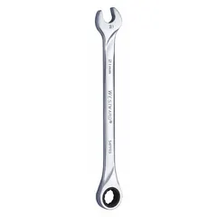 This metric 12-point ratcheting combination wrench features a 21 mm head size and a 12-1/2 inch overall length. Constructed from alloy steel with a chrome finish, it is suited for general fastening tasks in automotive, industrial, and maintenance settings.