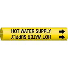 Yellow snap-on pipe marker with black legend reading 'Hot Water Supply' and directional arrows. Fits pipe outer diameters from 1-1/2 to 2-3/8 inches. Used to identify hot water supply lines in piping systems for clear content and flow direction indication.