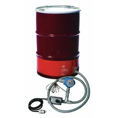 Silicone rubber band heater for standard drums, rated 1300 W at 115 V AC, 10.8 A. Temperature range 0°F to 292°F. IP54 enclosure for indoor use. Used for heating drum contents such as oils, chemicals, or adhesives to maintain viscosity or prevent freezing.