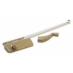 This right-hand surface-mount window operator is designed for casement windows. It includes a crank handle and features a copper-plated gold finish with a 4-3/4 in base length. The operator opens and closes the window sash by turning the handle.