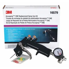 This HVLP spray gun from 3M is designed for applying paints in industrial finishing, automotive refinishing, and woodworking. It features a composite body, 1/4 in BSP air inlet, and air consumption of 13 cfm at 24 psi, with an adjustable spray pattern from 1/2 in to 12 in. Includes ten colored identification clips for easy organization.