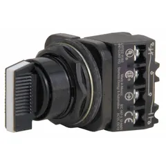 This 30 mm panel-mounting selector switch from the Siemens 52SX series features a three-position maintained action (On/On/Off) with a short-handled plastic knob and metallic bezel. It is non-illuminated and rated for 10 A at 600 V AC and 5 A at 600 V DC, with a C cam and 1NO/1NC contact configuration. Suitable for industrial control panels and equipment switching applications requiring a compact, robust operator.