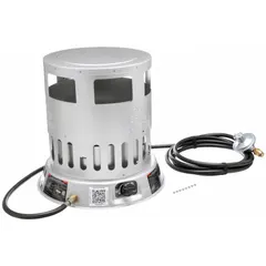 Portable gas convection can heater with 80,000 BtuH output, covering up to 2,000 sq ft. Fuel consumption is 3.71 lb/hr. Overall dimensions: 18-1/2 in H x 15-7/8 in W x 15-7/8 in D. Suitable for temporary or supplemental heating in large indoor spaces such as warehouses, construction sites, and workshops.