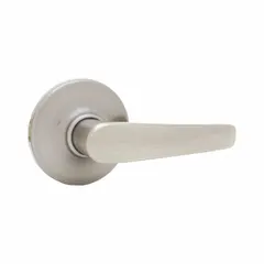 This KWIKSET storeroom lever lockset features a rose style with a satin nickel-plated zinc finish. It is ADA compliant and conforms to ANSI F75 (Hall) function, allowing keyed entry from outside and free egress from inside. Suitable for interior doors in commercial storage rooms, utility closets, and back-of-house areas.